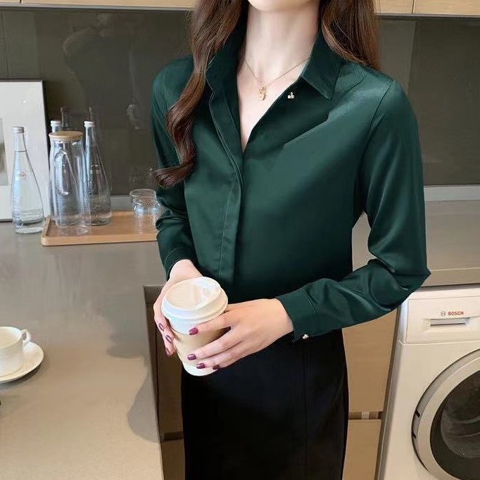 Áo Sơ Mi Nữ Công Sở Màu Xanh Lá Cổ Đức CHIPY Kiểu Hàn Quốc Vintage Ulzzang Form Rộng Dài Tay Đẹp Chất Lụa Cao Cấp A2X | BigBuy360 - bigbuy360.vn