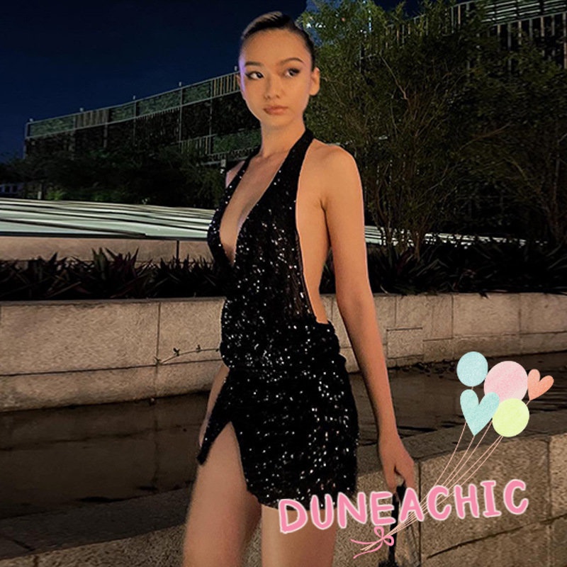 DUNEA Đầm hai dây hở lưng đính kim sa long lanh thời trang quyến rũ dành cho nữ