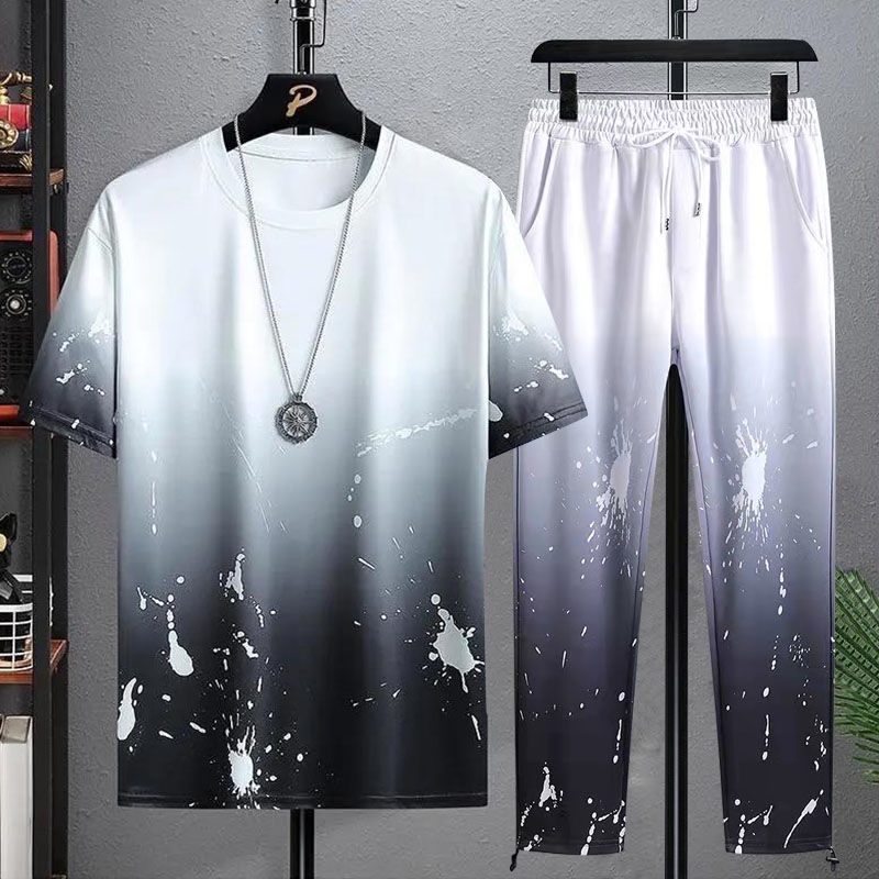 Set Đồ Thun Lụa Gồm Áo Thun Tay Ngắn Và Quần Dài Đến Mắt Cá Chân Thời Trang Mùa Hè Cho Nam