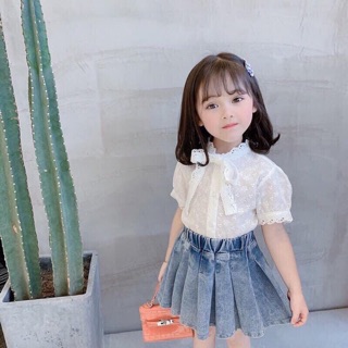 Set áo ren trắng và chân váy jean bé gái (Từ 8 đến 17 kg)