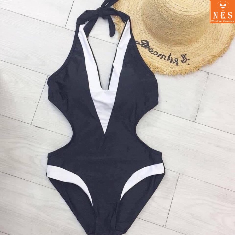 Bikini 1 mảnh liền thân đi biển đen phối trắng