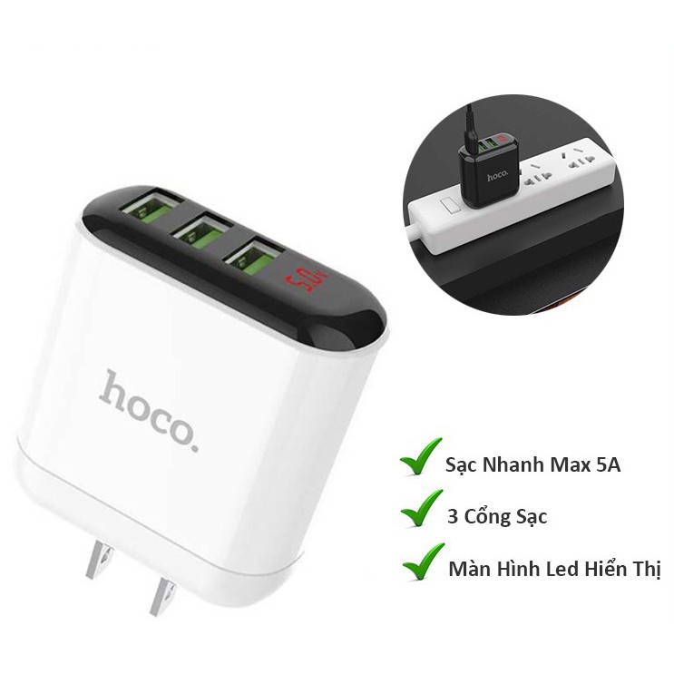 Củ sạc Hoco HK1 Sạc Cùng lúc 3 cổng USB Fast Charging 5V/5A Max Cho Smart phone - Table