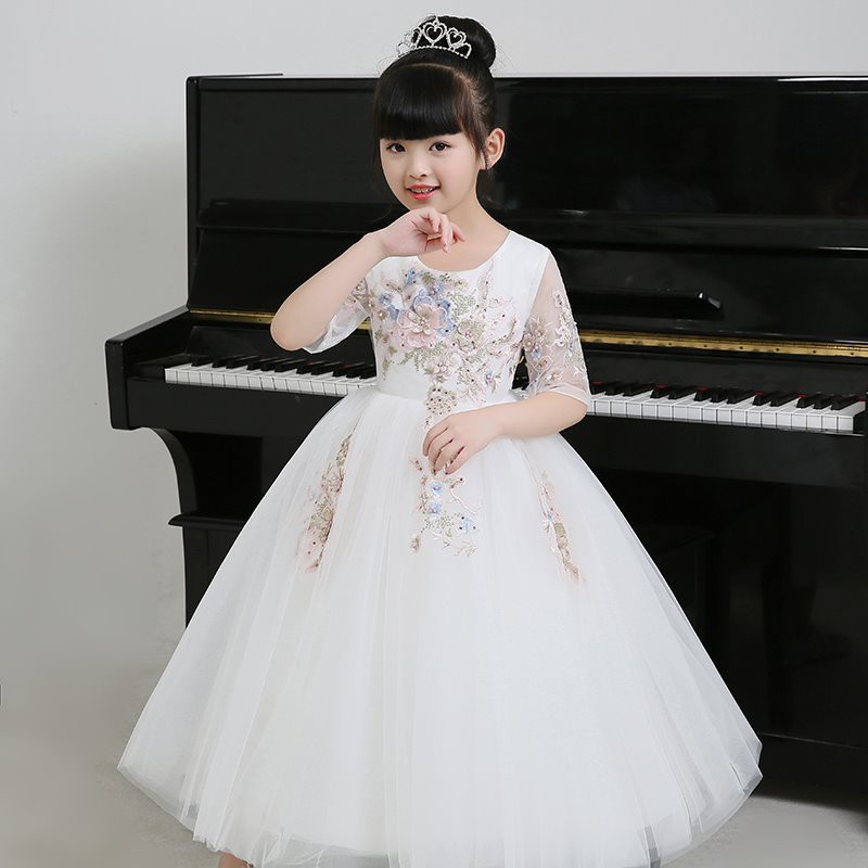 [TRẮNG DÀI] Váy công chúa thiết kế ren thêu hoa 3D cao cấp bé gái 13kg-40kg
