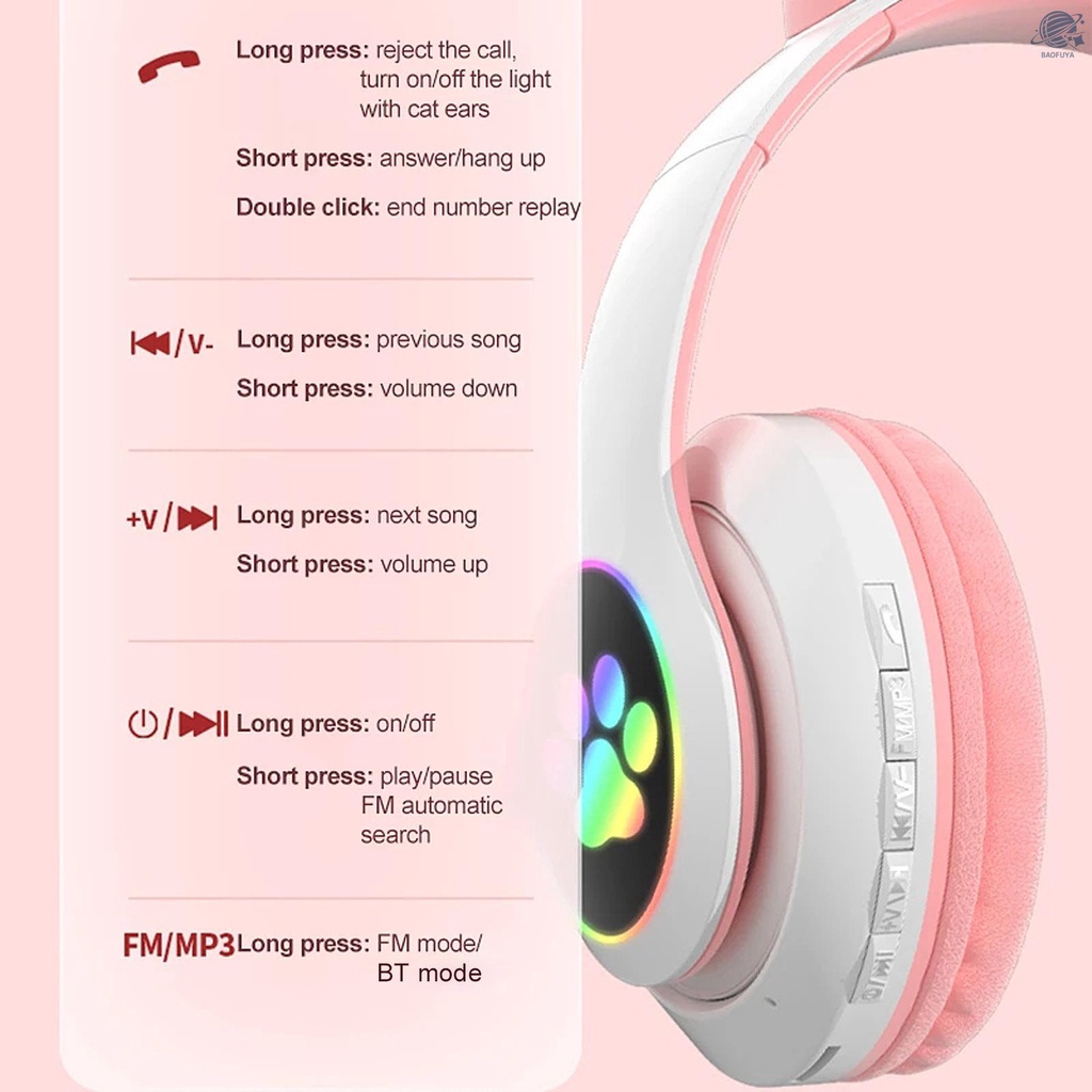 BF STN-28 Over Ear Music Headset Glowing Cat Ear Headphones Foldable Wireless BT5.0 Earphone with Mic AUX IN TF Card MP3 Player Colorful LED Lights for PC Laptop Computer Mobile Phone