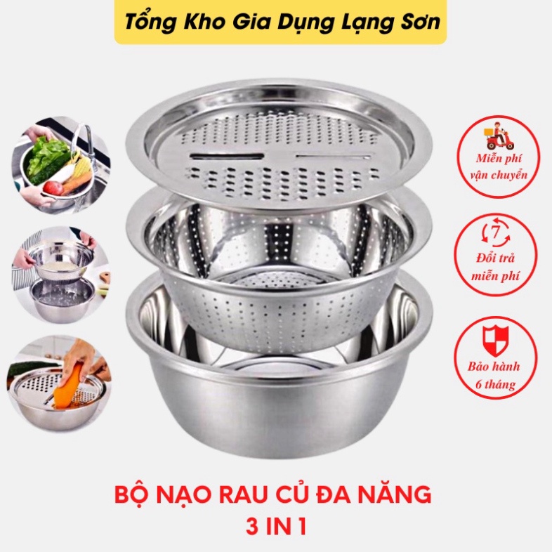 Bộ Nạo Rau Củ 3 Món Bào Nhật Bản - Rổ Nạo Rau Củ Kiêm Rổ và Chậu Inox Cao cấp Đa Năng, Tiện Lợi