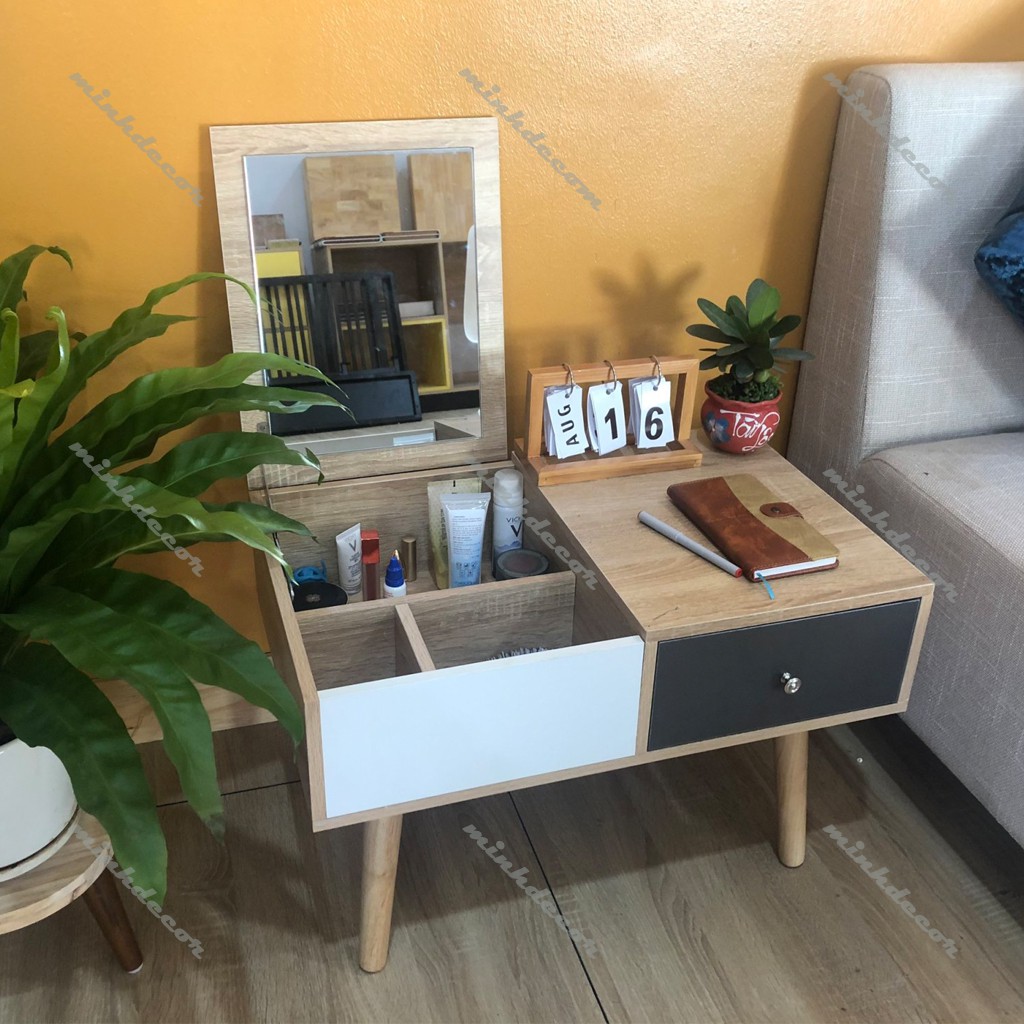 Bàn Trang Điểm Ngồi Bệt Mini Gỗ Phối Trắng Xám- Hàng Xuất Khẩu Hiệu Minhdecor