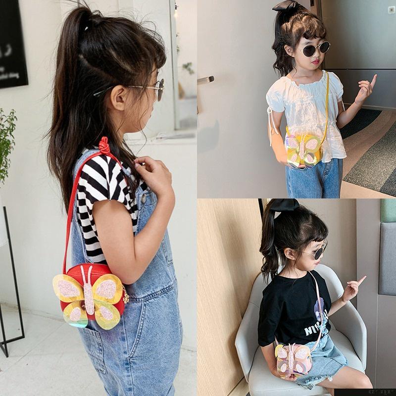 Túi đeo chéo mini bằng da PU đính sequin hình bướm dễ thương cho bé gái