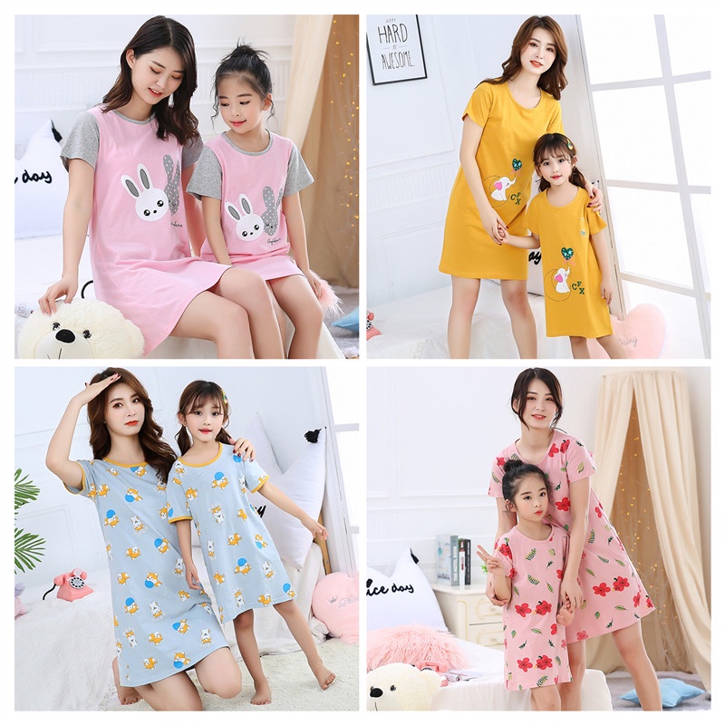 Đầm Ngủ Tay Ngắn Chất Liệu Cotton Thời Trang Xuân Hè Cho Mẹ Và Bé Kích Thước 100-180cm