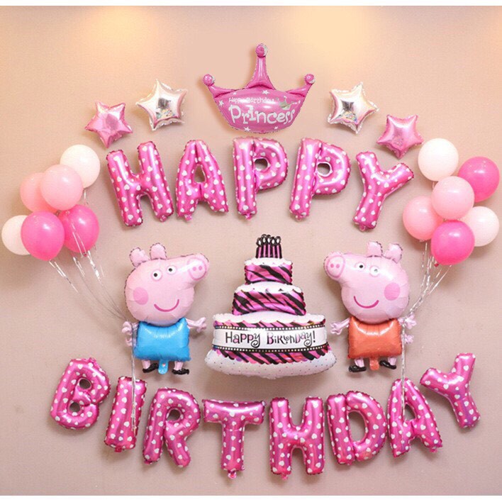 Set bóng trang trí sinh nhật cho bé chủ đề Lợn PeppaPig (Xanh/Hồng)