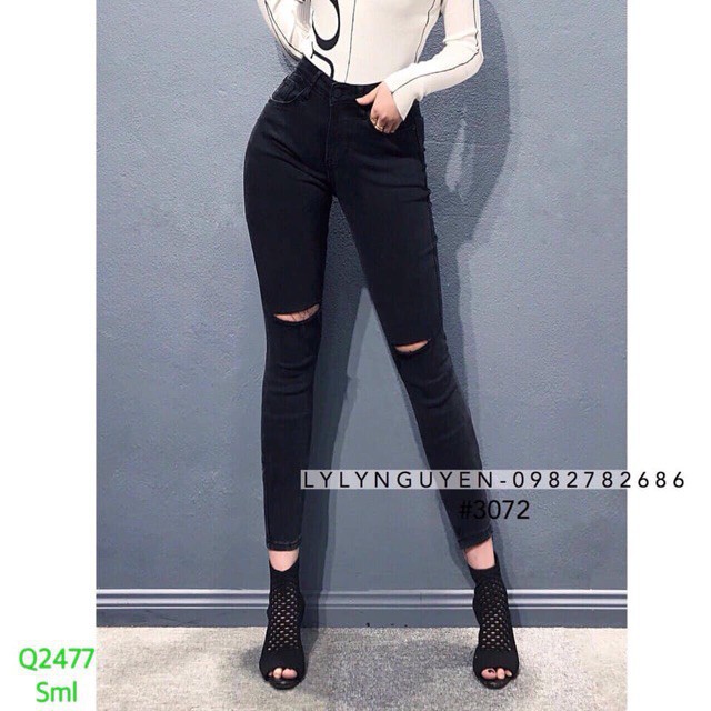 Quần jeans đen rách 2 gối Ống bó [ mã 02]