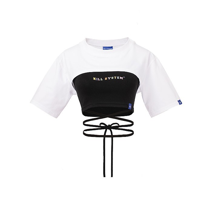 Combo áo croptop Kill System thắt dây eo trắng đen