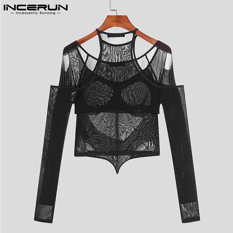 Set 2 áo INCERUN tay dài khoét lỗ dáng ôm vừa vặn xuyên thấu màu đen quyến rũ cho nam