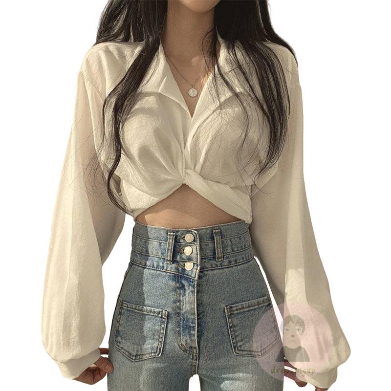 Áo Sơ Mi Tay Dài Cổ Bẻ Thắt Nơ Màu Trơn Cho Nữ