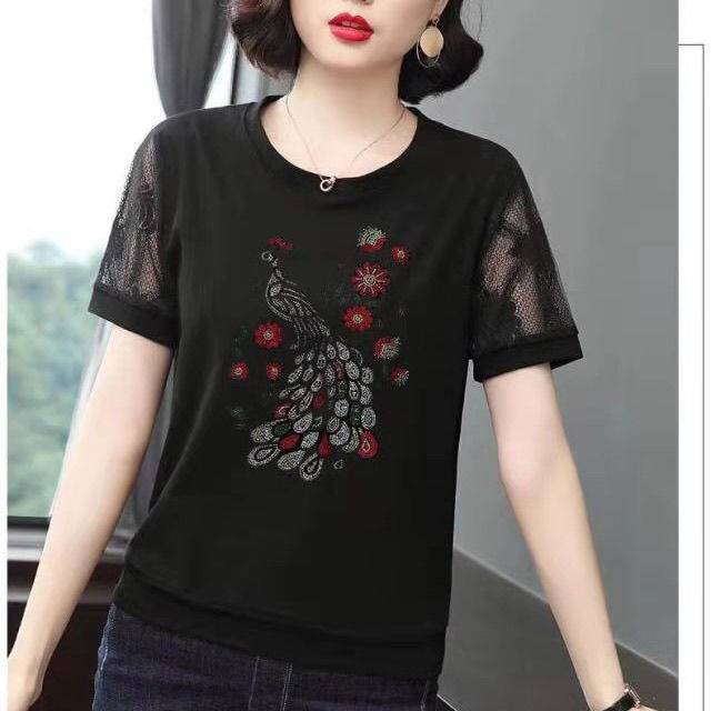 Áo Thun Tay Ngắn Màu Đen Phối Lưới Thiết Kế Cỡ Lớn Thời Trang Trẻ Trung Cho Nữ