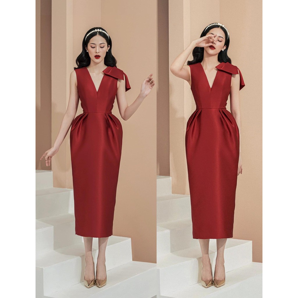 Đầm dự tiệc ôm body sát nách nơ vai cổ V xếp ly eo (HÀNG CAO CẤP)