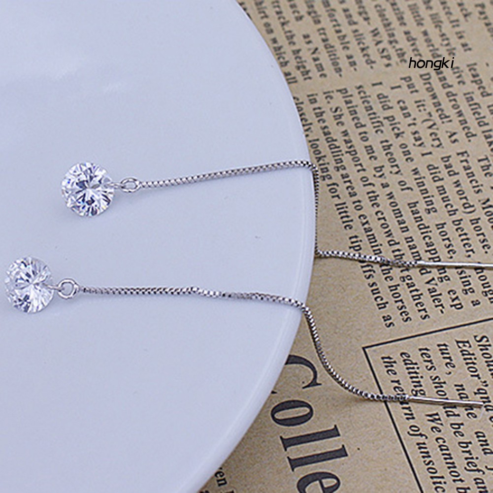 Bông tai nữ dáng dài mạ bạc đính đá zircon thời trang