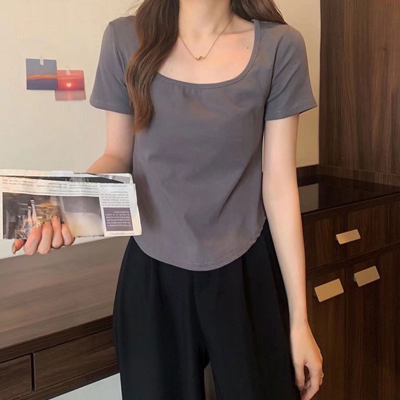 Áo thun YEYA tay ngắn cổ chữ U thiết kế lệch tà thời trang dành cho nữ