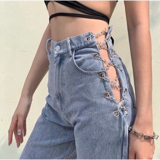 Quần jeans eo dây xích ống suông J100