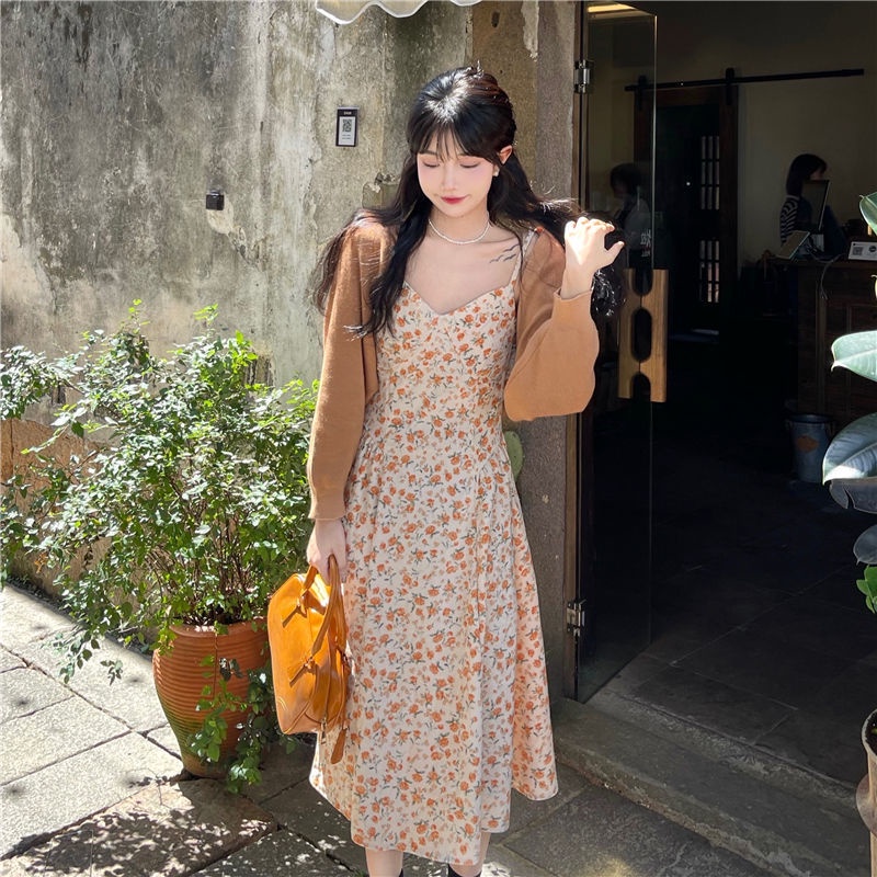 Bộ Áo Khoác cardigan Cổ Chữ V + Đầm Hai Dây Dệt Kim Ngắn In Hoa Nhỏ Phong Cách Hàn Quốc Thời Trang