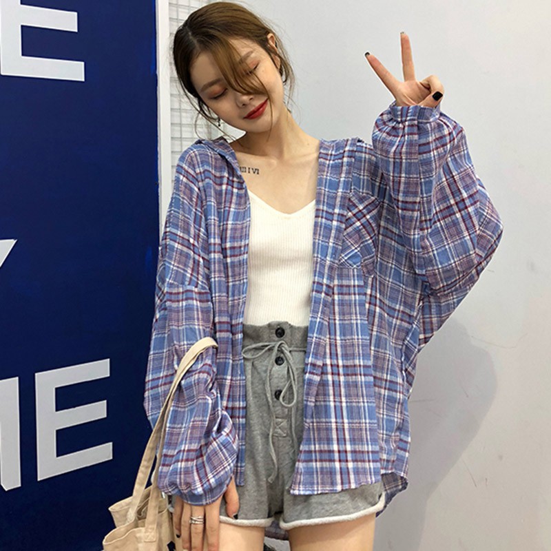 Áo sơ mi caro tay dài phong cách Hàn Quốc cho nữ