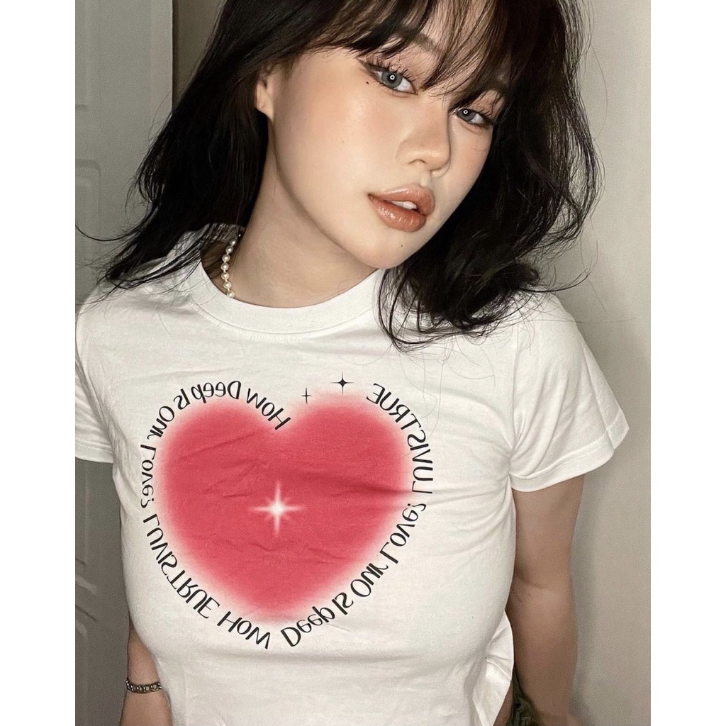 ÁO THUN CROPTOP NỮ TRÁI TIM TRUE 2 MÀU DỄ THƯƠNG CÓ FREESIZE <72KG