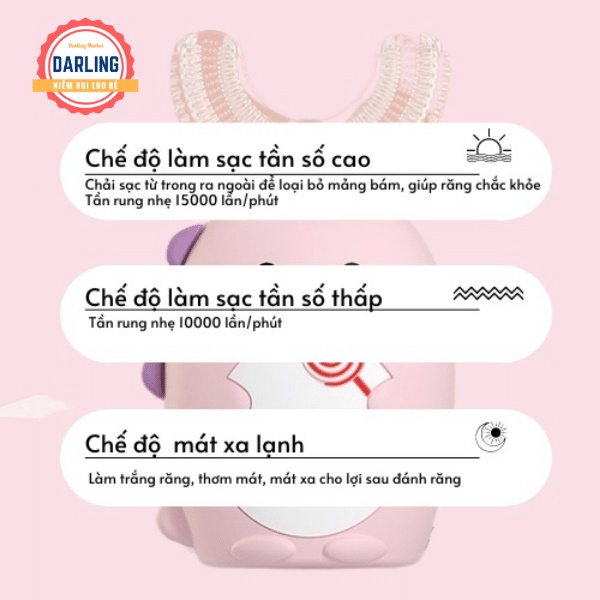 Bàn Chải Đánh Răng Điện Chữ U cho bé 2 đến 15 tuổi Kèm 3 đầu chải và kem đánh răng