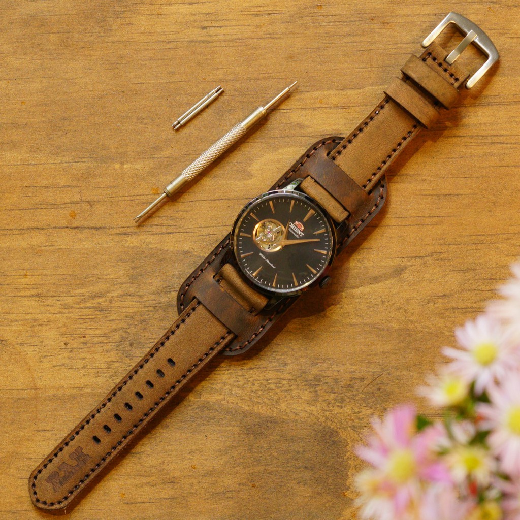 Dây apple watch da bò sáp nâu kiểu quân đội handmade bền chắc RAM Leather Bundstrap B1 - tặng khóa chốt và adapter