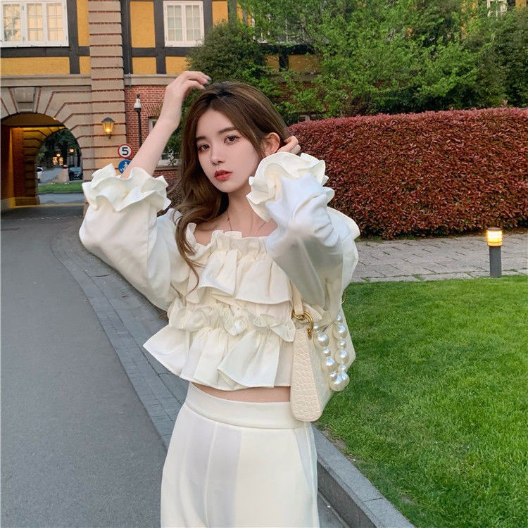 Áo sơ mi trắng tay dài trễ vai nhún bèo phong cách pháp dành cho nữ