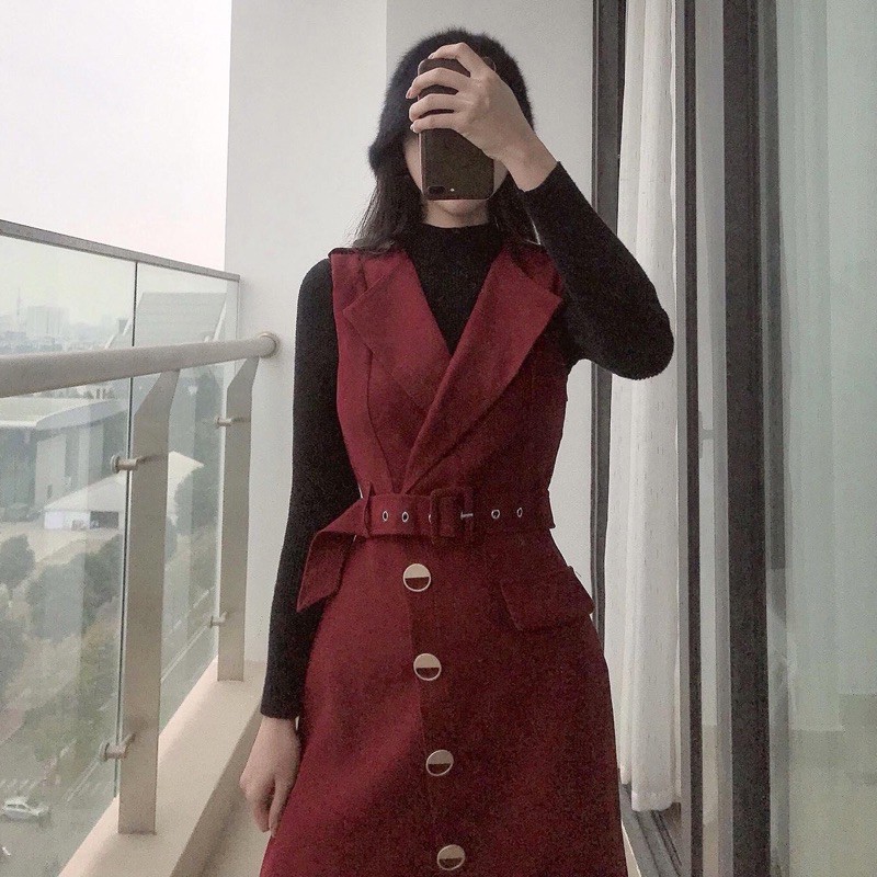 (Ảnh thật) Set váy cổ vest áo len cổ lọ thời trang công sở