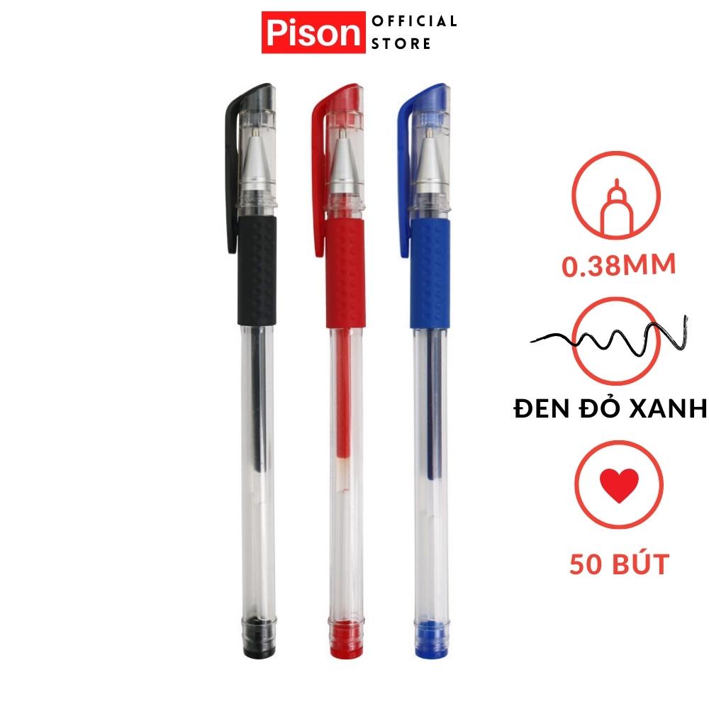 Set 50 bút bi nước mực gel Pison đen đỏ xanh ngòi kim 0.38mm - PVN1675 - 1 bộ