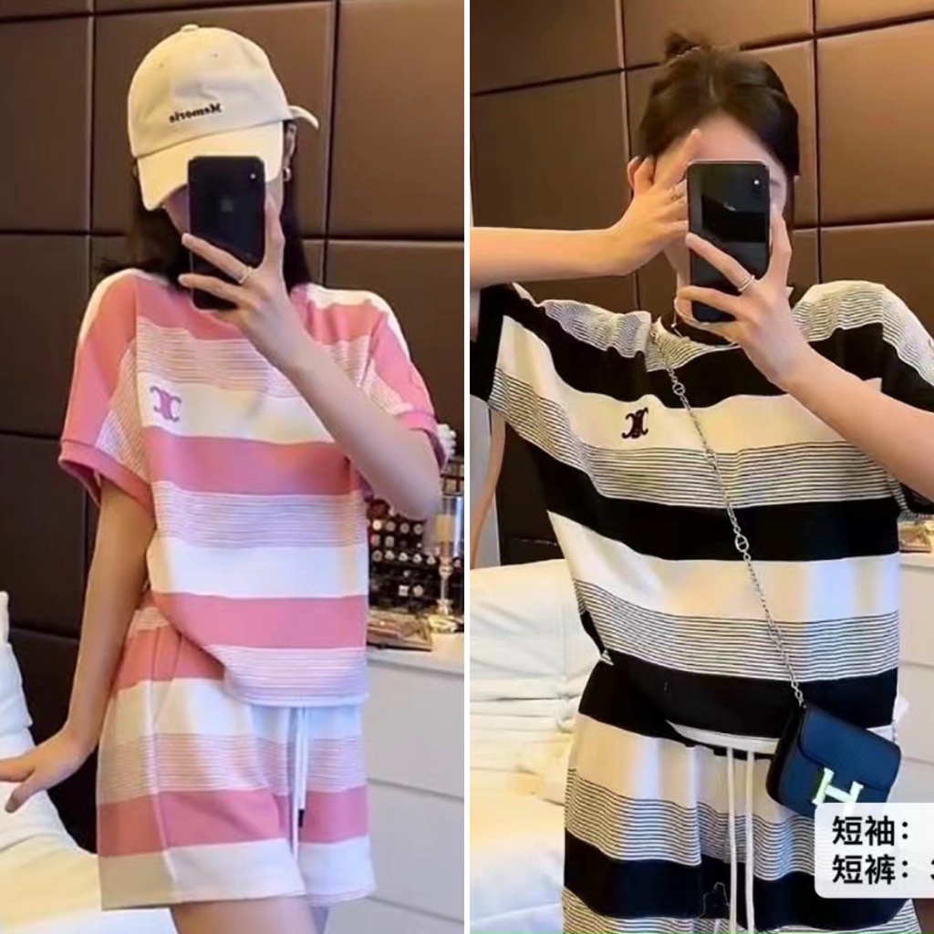 Set bộ len áo + quần ngắn kẻ ngang thêu C.N hàng QC năng động