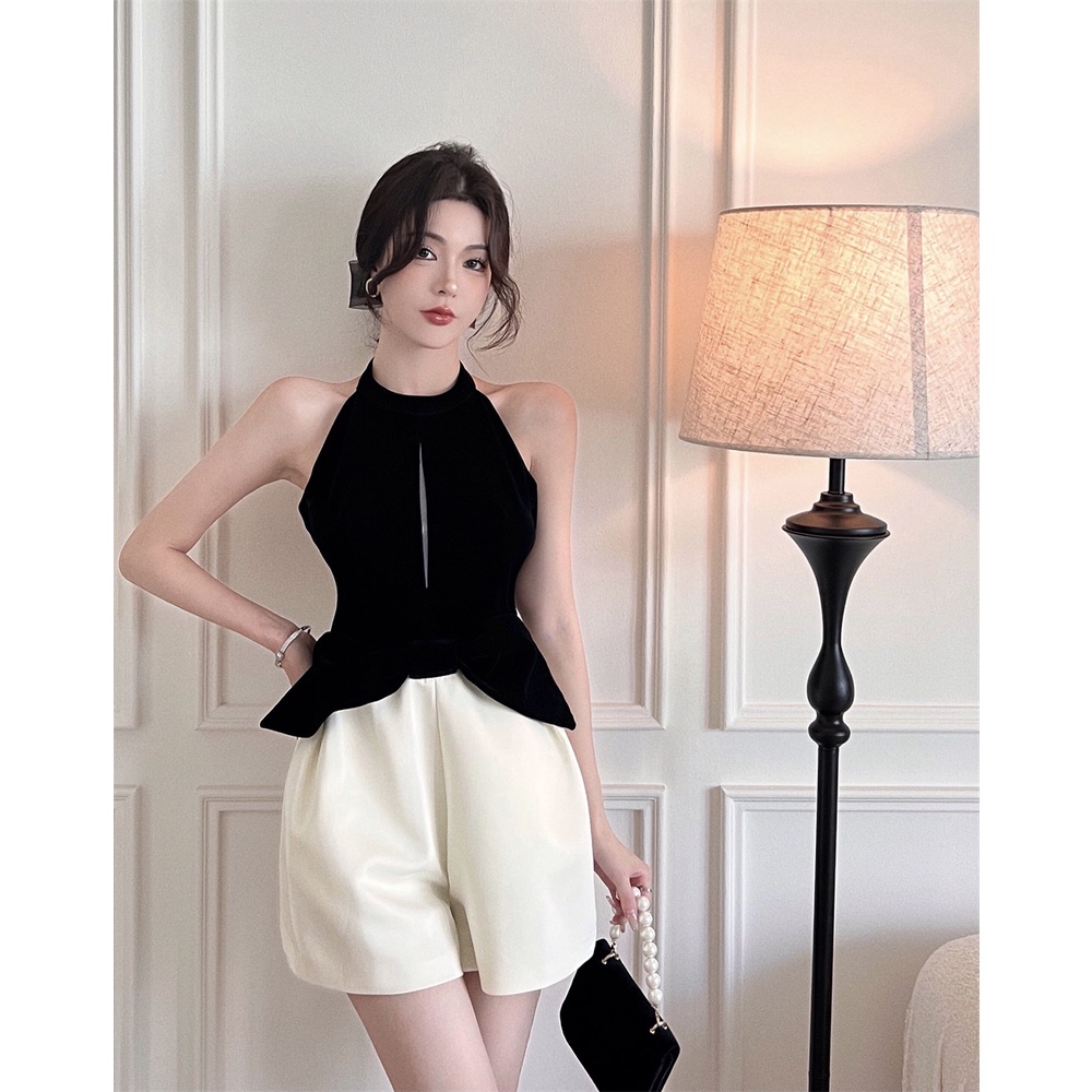 Áo Liền Quần Ngắn Hai Dây Đính Nơ Màu Sắc Tương Phản Phong Cách Pháp Dành Cho Nữ