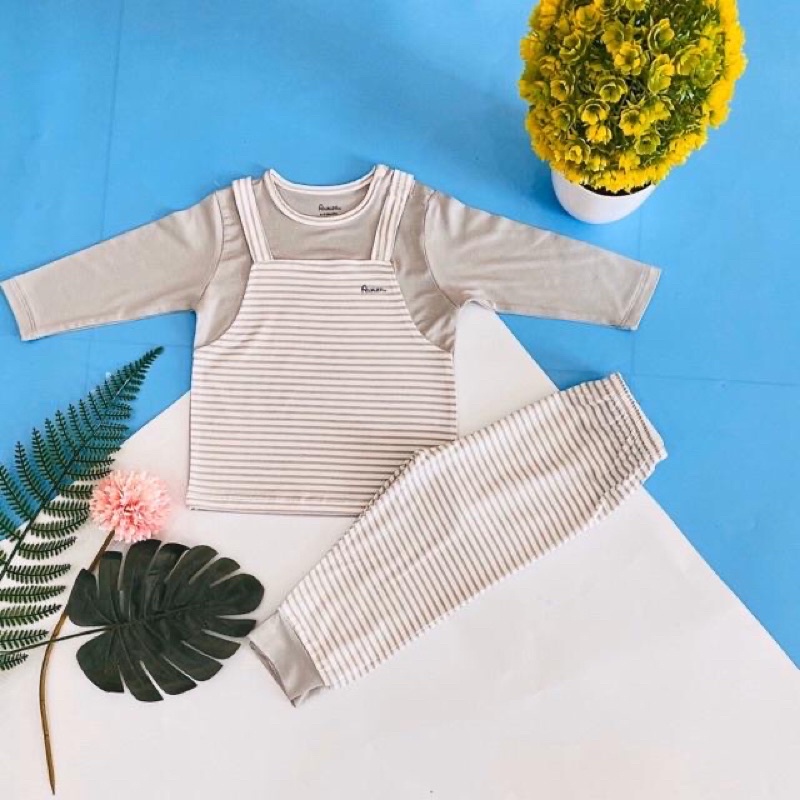 Bộ Avaler sợi tre dài tay hoạ tiết yếm kẻ sọc