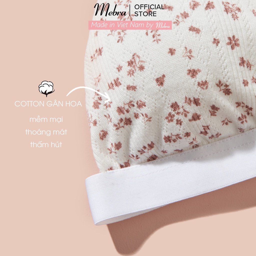Áo ngực bra cotton gân HOA NÂU không gọng không đệm tặng mút mỏng rời trắng hoa nâu đỏ trẻ vintage thoáng khí Mebra A009