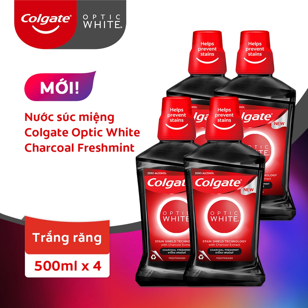 Bộ 4 Nước súc miệng Colgate trắng răng Optic White than hoạt tính bạc hà the mát 500ml/chai