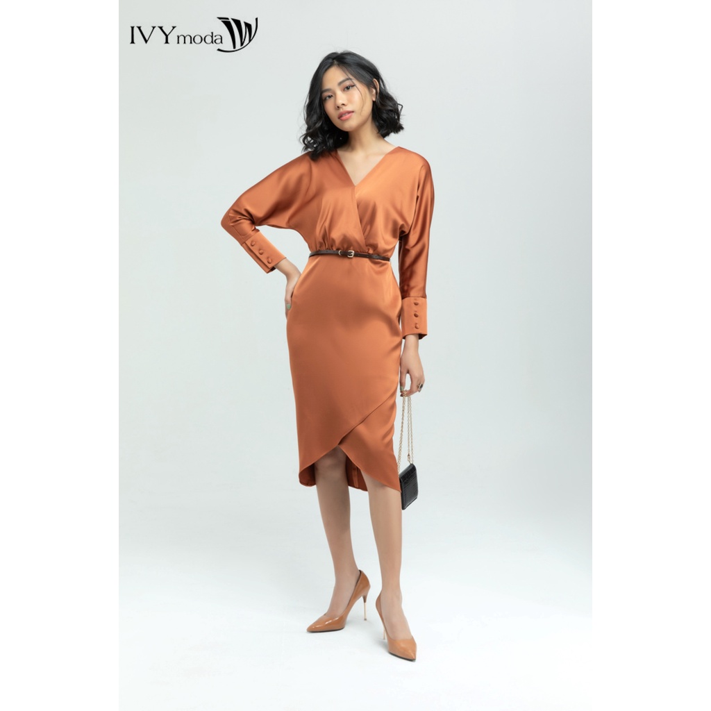 Đầm ôm tay hến đai da IVY moda MS 48M5633