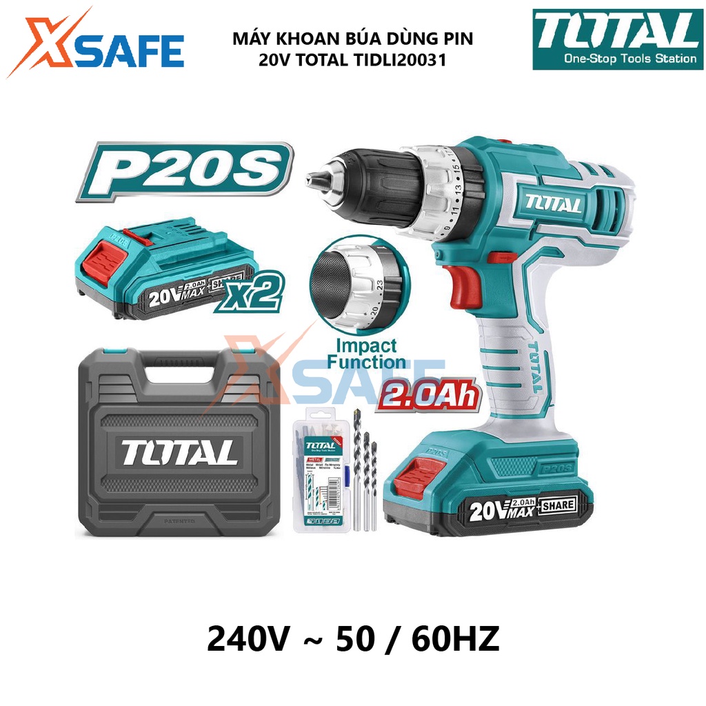Máy khoan bê tông dùng pin 20V TOTAL TIDLI20031 hai tốc độ 450-1900v/p tốc độ đập 22500bmp, khả năng khoan 2.0-13mm