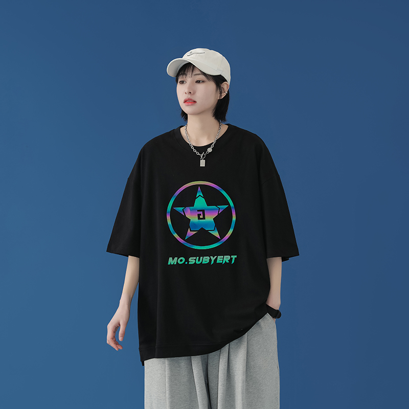 Áo thun nam nữ ngắn tay form rộng in phản quang ngôi sao năm cánh, chất thun cotton xịn mềm mát mặc mùa hè | BigBuy360 - bigbuy360.vn