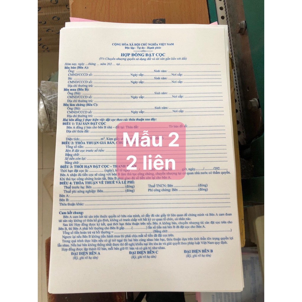 Hợp đồng mua bán đặt cọc nhà đất Năm 2024; 2 và 3 liên đầy đủ pháp lý rõ ràng, tích hợp giấy than, viết 1 ra 2 hoặc 3