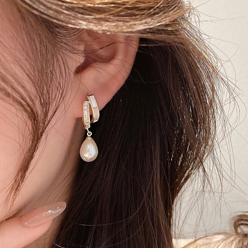 Bông Tai Mạ Bạc 925 Hai Lớp Hình Chữ C Đính Ngọc Trai Phong Cách Hàn Quốc