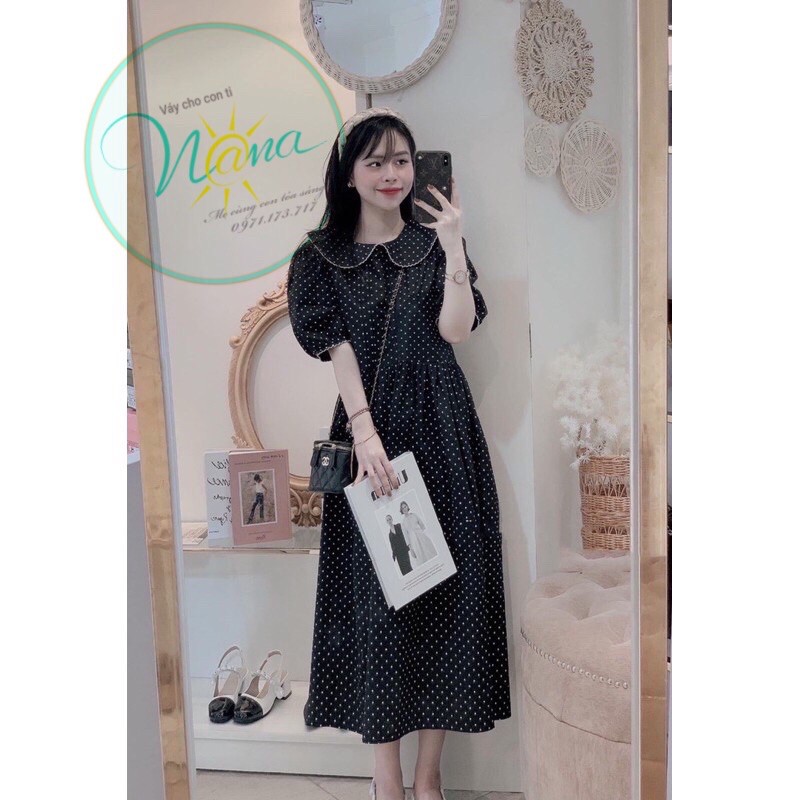 Đầm cho con bú sau sinh chấm bi s-xl 40-65kg, váy cho con ti mùa hè chất mát