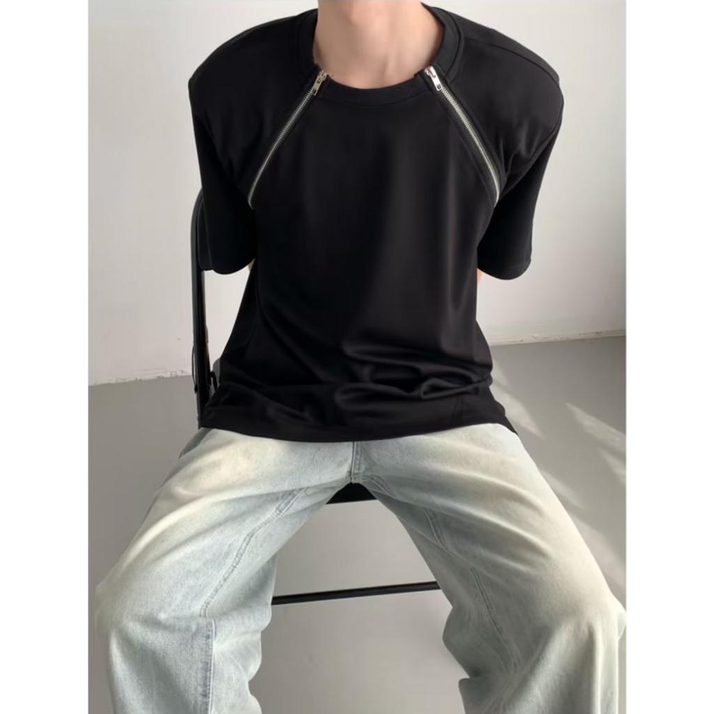 Áo Thun Tay Ngắn Cổ Tròn Dáng Rộng Phối Khóa Kéo Thời Trang Mùa Hè Hàn Quốc Chất Lượng Cao Cho Nam Nữ