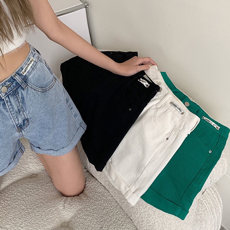 Jiashucheng Quần Short Denim Lưng Cao Ống Rộng Màu Xanh Lá Thời Trang Mùa Hè 2023 Phong Cách Mới Cho Nữ