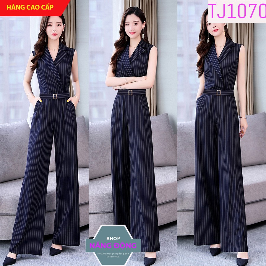 Jumpsuit Dài 🌸FREESHIP🌸 Jum dài kẽ sọc cổ vest thắt lưng kèm belt như hình TJ1070