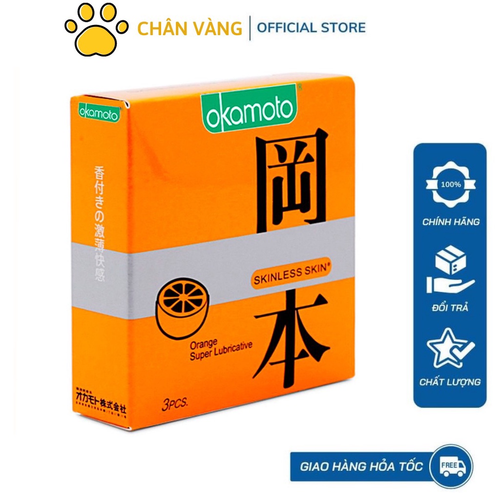 Bao cao su siêu mỏng Okamoto Skinless hương cam - bcs siêu mỏng Nhật Bản- Hộp 3 cái