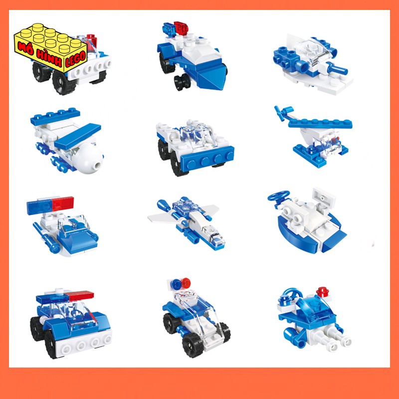 Đồ chơi lắp ráp lego giá rẻ 12 trong 1 JieStar 20072 mô hình 12 xe cảnh sát, máy bay, tàu thủy sáng tạo cho bé