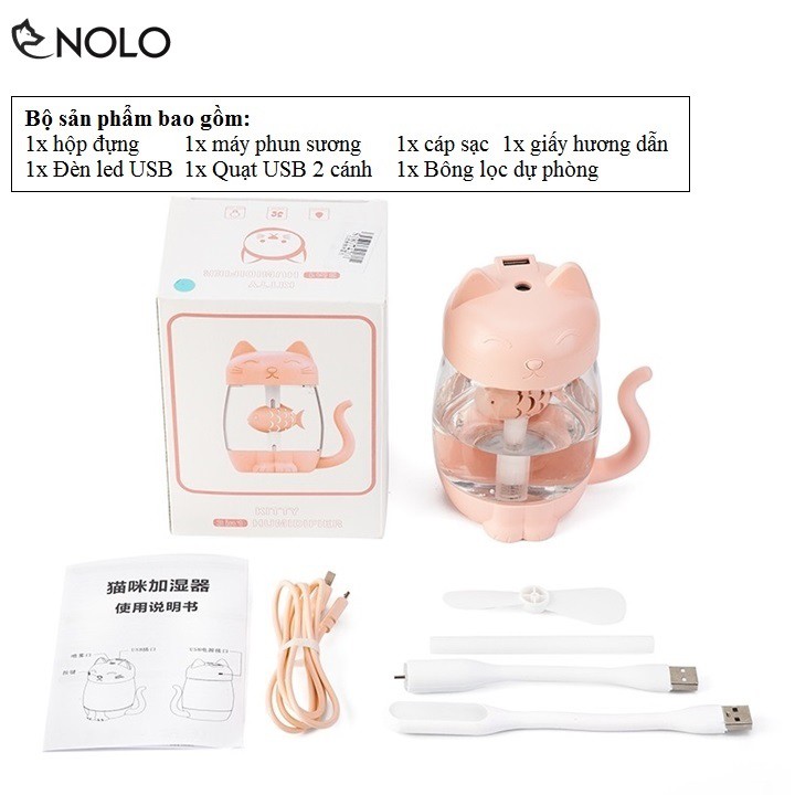 Máy Tạo Ẩm Hơi Nước Có Đèn Ngủ Hình Chú Mèo Maneki Neko 3in1 Có Tặng Đèn, Quạt USB