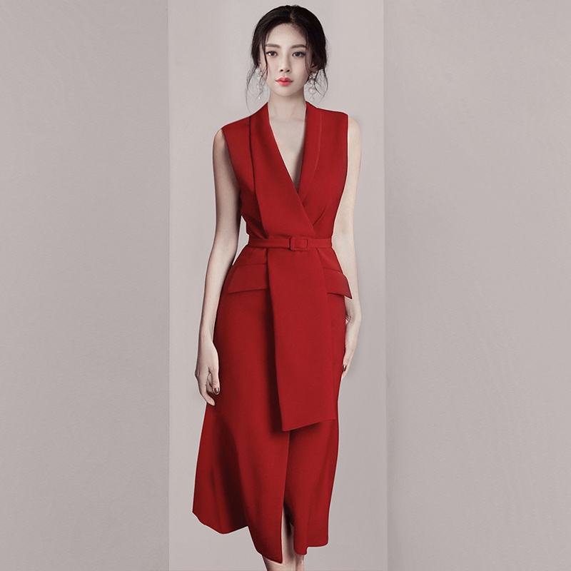 Đầm Sát Nách Cổ Chữ V Màu Đỏ Thanh Lịch Cho Nữ