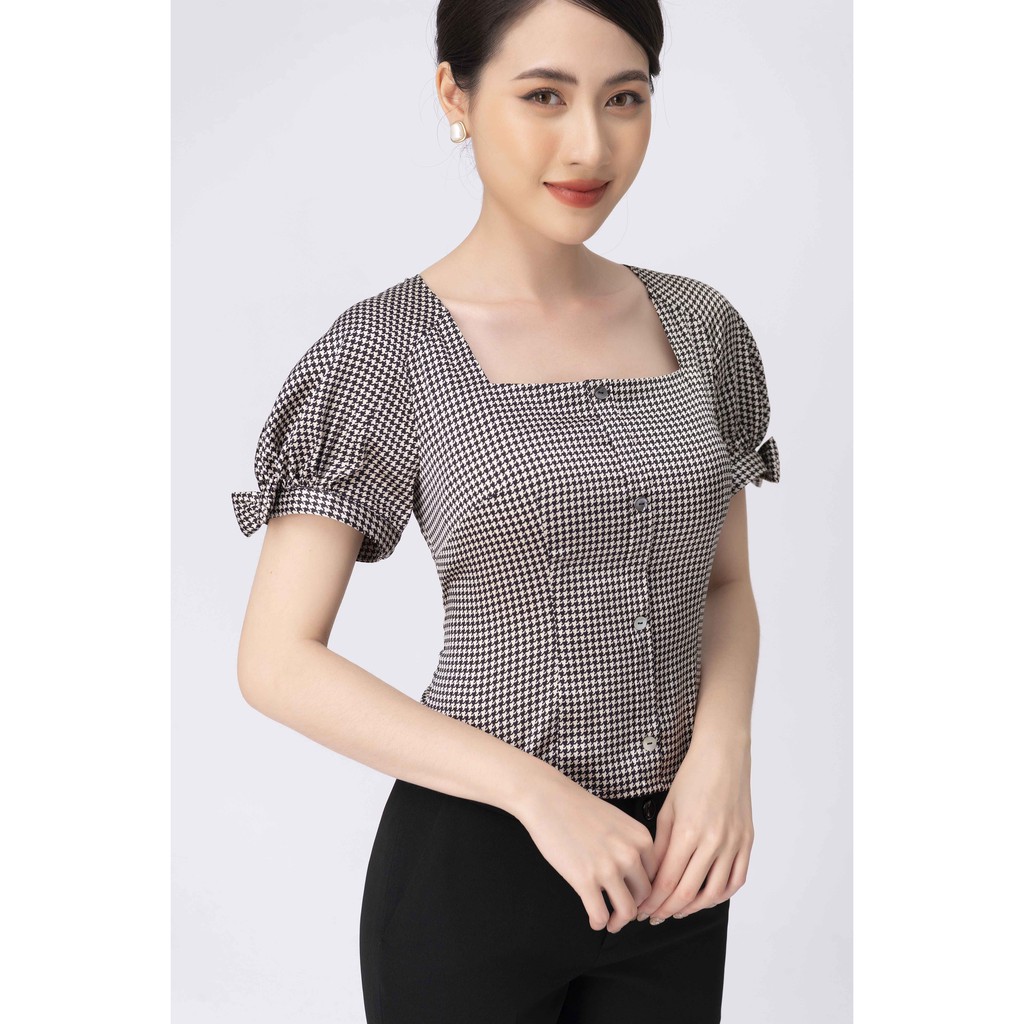 Áo sơ mi Croptop lụa kẻ răng sói nhỏ, tay đính nơ nhỏ ToSon-13071K11