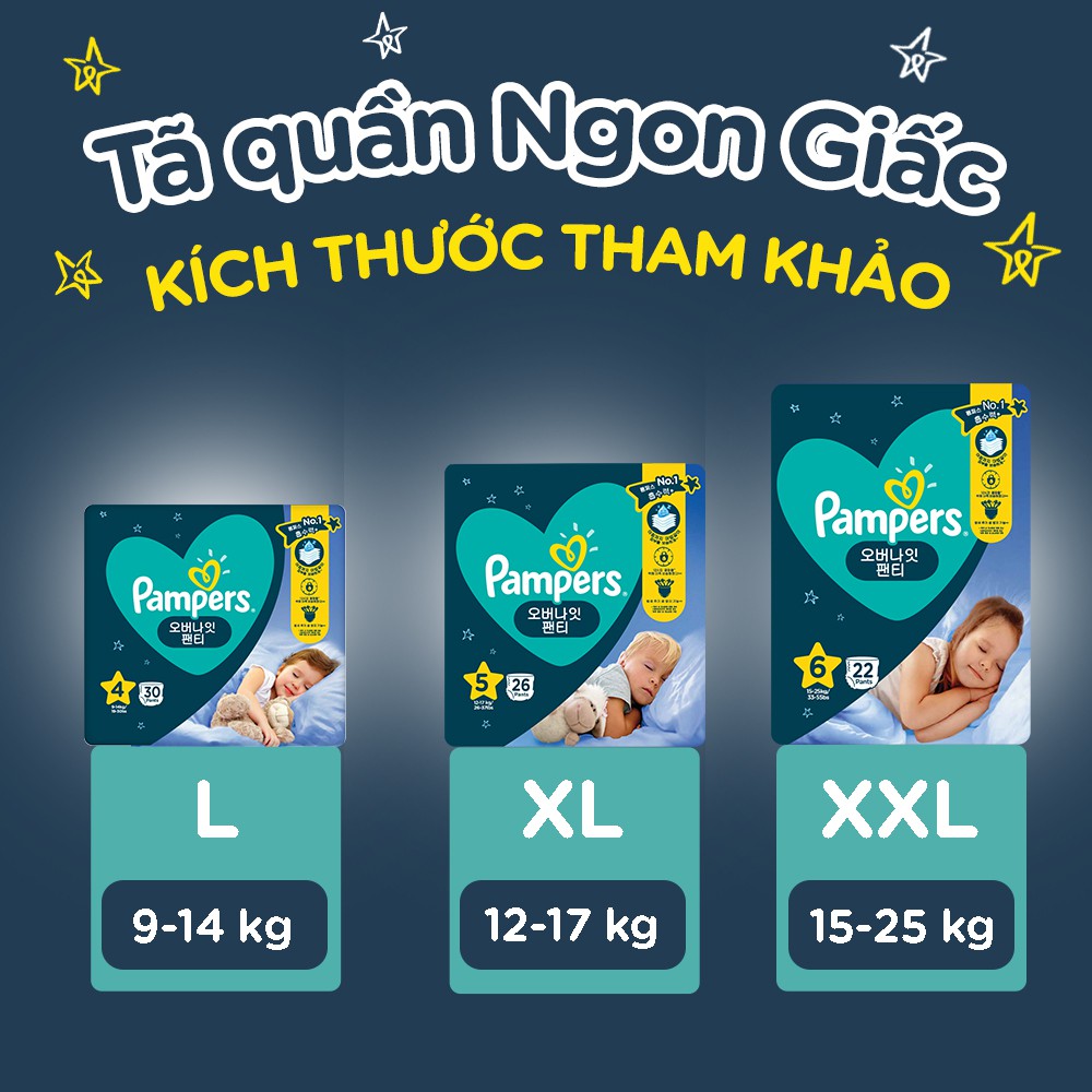 Tã Quần PAMPERS Ngon Giấc L30 miếng, 9 - 14kg/ XL26 miếng, 12 - 17kg/ XXL22 miếng, 15 - 20kg, Khô Thoáng Suốt Đêm